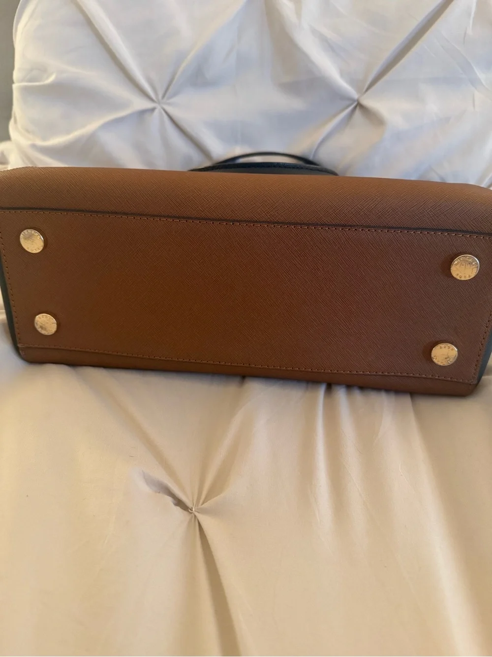 MICHAEL KORS Brown and Black Saffiano Leather Satchel with Gold Hardware